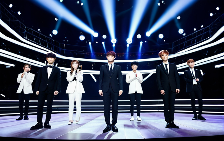 A professional group of diverse K-Pop artists performing on a grand, illuminated stage. They are fully clothed in modest, stylish, and professional stage attire, such as tailored, full-coverage suits or elegant, modern ensembles. The vibrant background showcases a futuristic concert arena with dynamic stage lighting and a blurred, diverse global audience, emphasizing the genre's international reach. High-quality professional photography, perfect anatomy, correct proportions, well-formed hands, proper finger count, natural body proportions, natural pose, crisp focus, cinematic lighting. Safe for work, appropriate content, family-friendly.