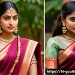전통 의상과 현대 패션 트렌드 - A young Indian woman wearing a traditional Banarasi silk saree with deep red and gold colors, featur...
