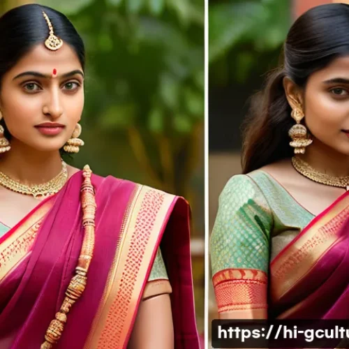 전통 의상과 현대 패션 트렌드 - A young Indian woman wearing a traditional Banarasi silk saree with deep red and gold colors, featur...