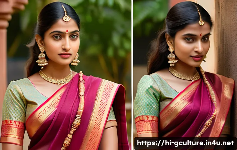 전통 의상과 현대 패션 트렌드 - A young Indian woman wearing a traditional Banarasi silk saree with deep red and gold colors, featur...