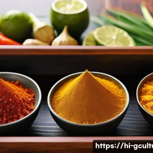 세계적인 음식 문화 비교 - A vibrant and detailed Asian kitchen scene showcasing a variety of colorful spices such as turmeric,...