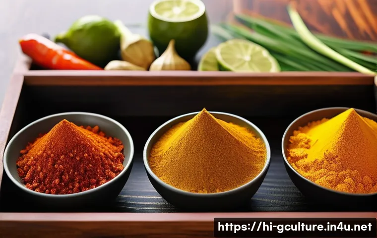 세계적인 음식 문화 비교 - A vibrant and detailed Asian kitchen scene showcasing a variety of colorful spices such as turmeric,...